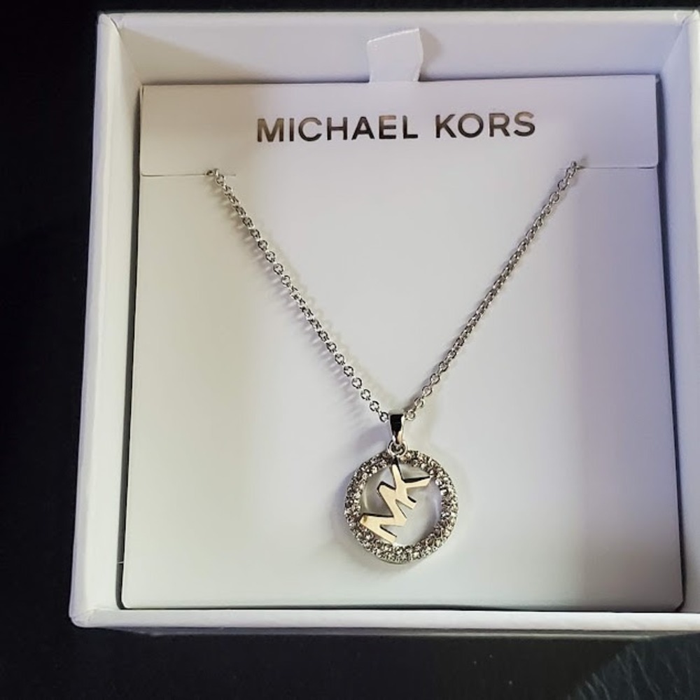 Michael Kors Silver Tone Pave MK Logo Circle Pendant Necklace MKJX7326040 Gift